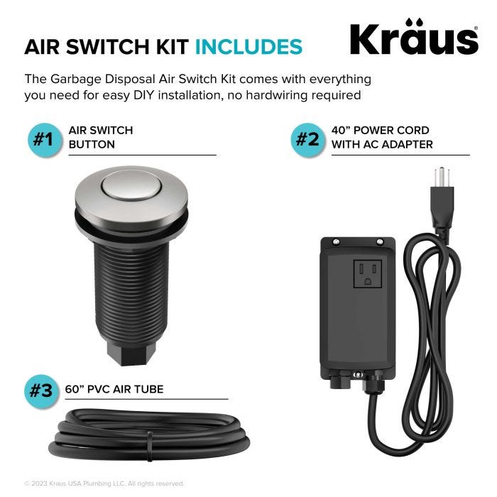 KRAUS Garbage Disposal Air Switch Kit, Push Button, AC Adapter, Power Cord, and Air Tube Included