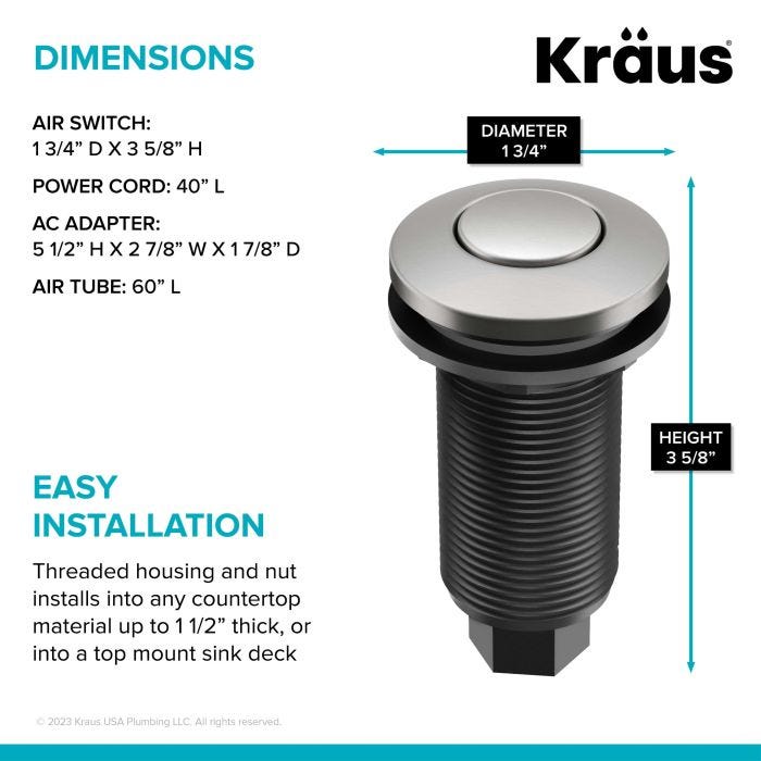 KRAUS Garbage Disposal Air Switch Kit, Push Button, AC Adapter, Power Cord, and Air Tube Included