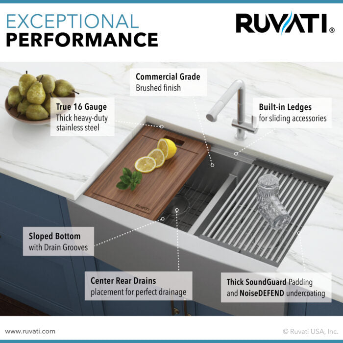 RUVATI RVH9301 36″ Apron-front 50/50 Farmhouse Kitchen Sink Stainless Steel