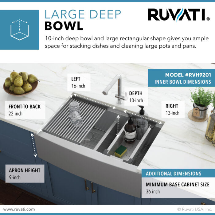 RUVATI RVH9201 33″ Apron-front Workstation Low-Divide Double Bowl 60/40 Farmhouse Kitchen Sink