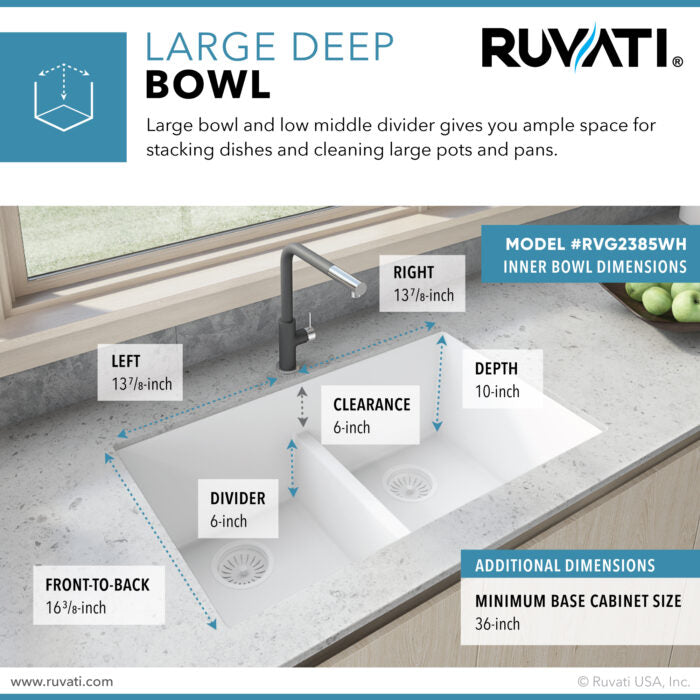 RUVATI RVG2385WH 33 x 19 inch Granite Composite Undermount Double Bowl Kitchen Sink – Arctic White