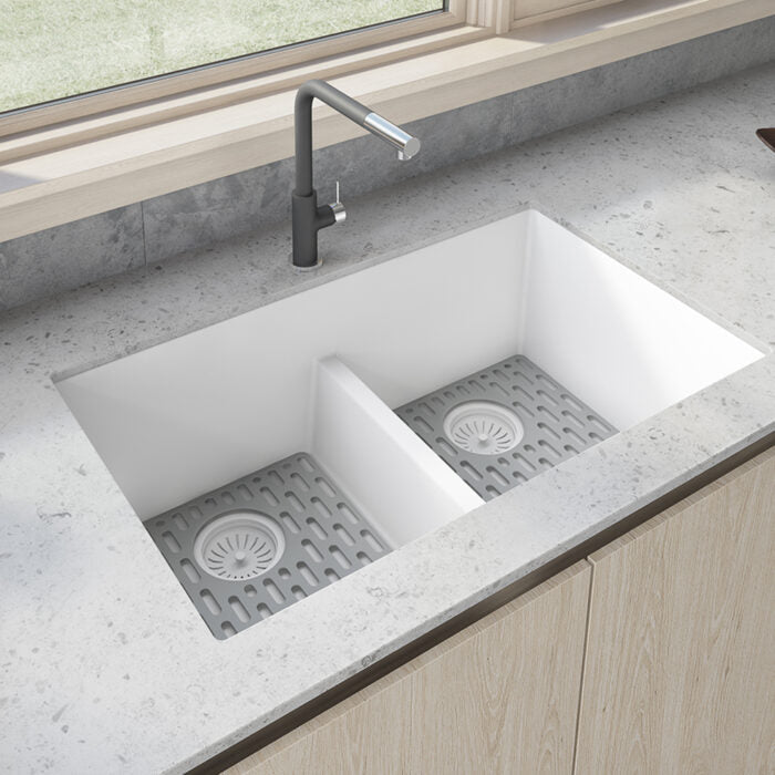 RUVATI RVG2385WH 33 x 19 inch Granite Composite Undermount Double Bowl Kitchen Sink – Arctic White