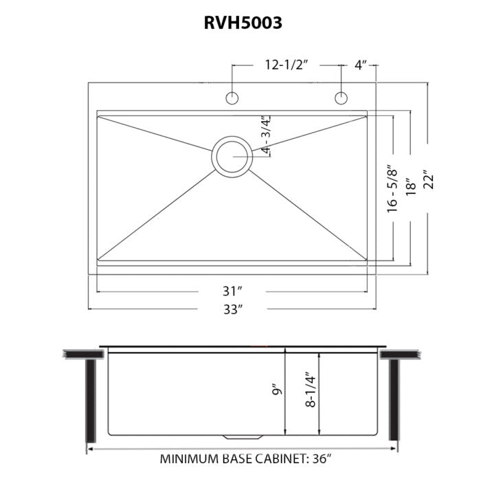 RUVATI RVH5003BL 33 inch Gunmetal Black Stainless Steel Topmount Kitchen Sink