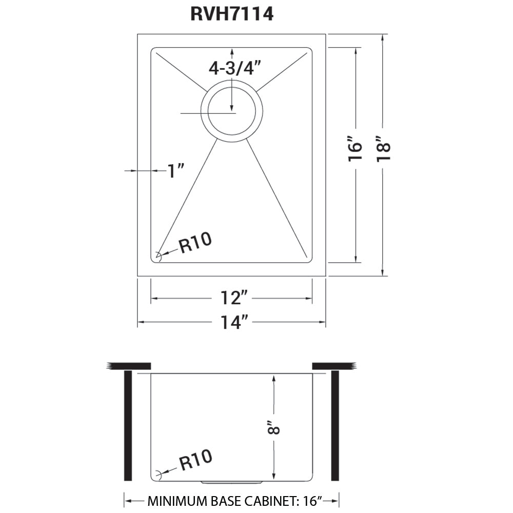 RUVATI RVH7114 14-inch Undermount 16 Gauge Tight Radius Bar Prep Sink