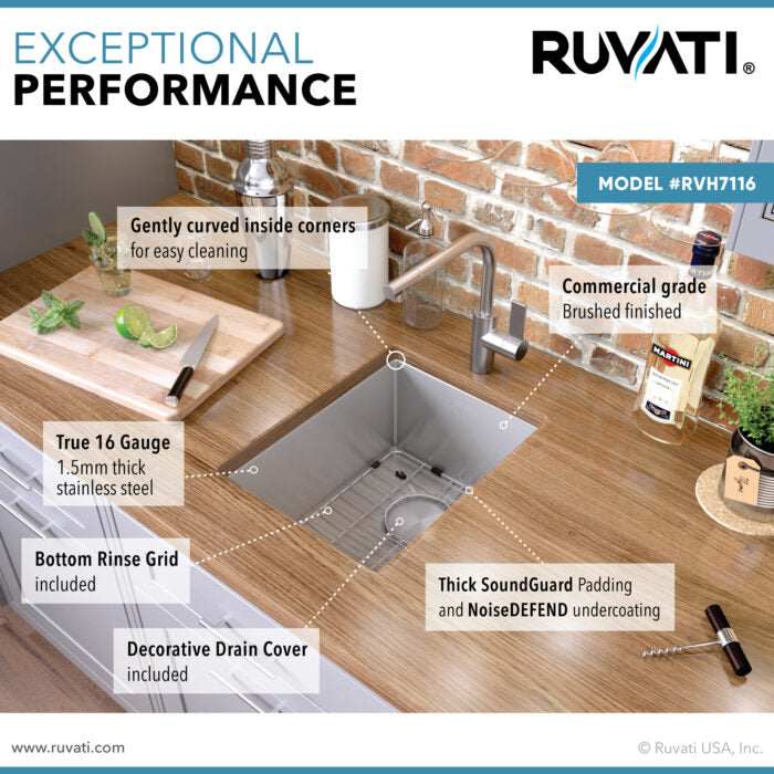 RUVATI RVH7116 16 x 18 inch Undermount Bar Prep Tight Raduis 16 Gauge Kitchen Sink