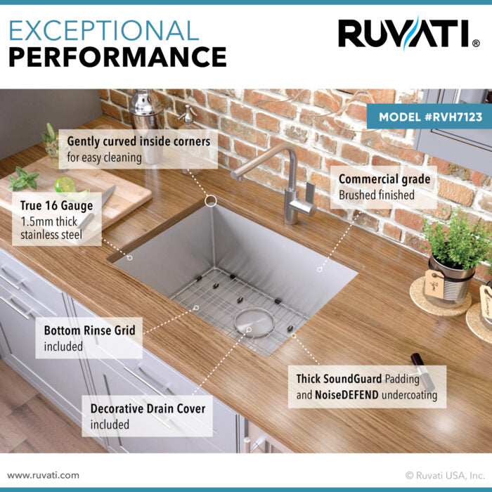 RUVATI RVH7123 23-inch Undermount 16 Gauge Tight Radius Stainless Steel Kitchen Sink