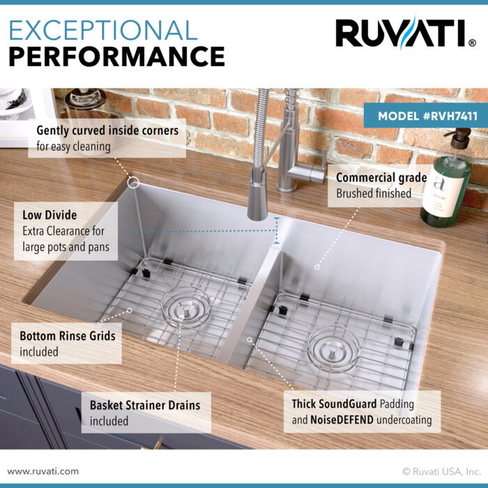 RUVATI RVH7411 32-inch Low-Divide Undermount 50/50 Double Bowl Stainless Steel Kitchen Sink