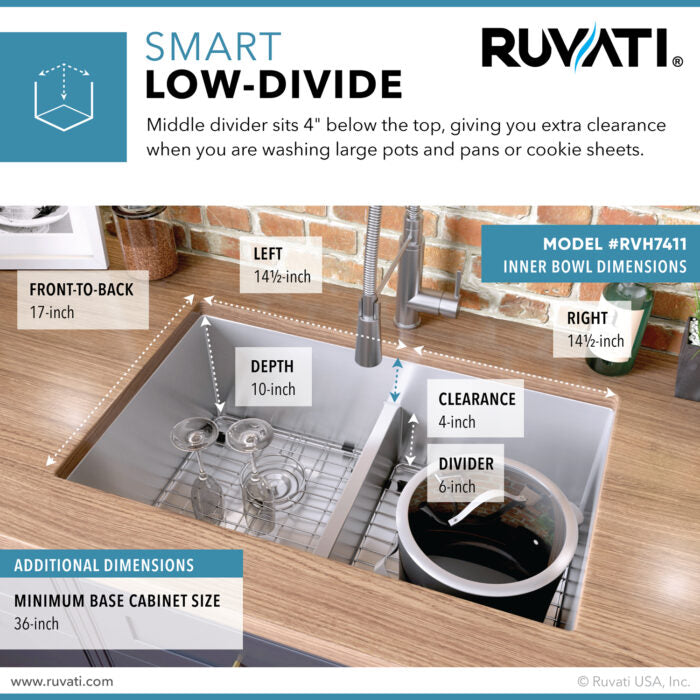 RUVATI RVH7411 32-inch Low-Divide Undermount 50/50 Double Bowl Stainless Steel Kitchen Sink