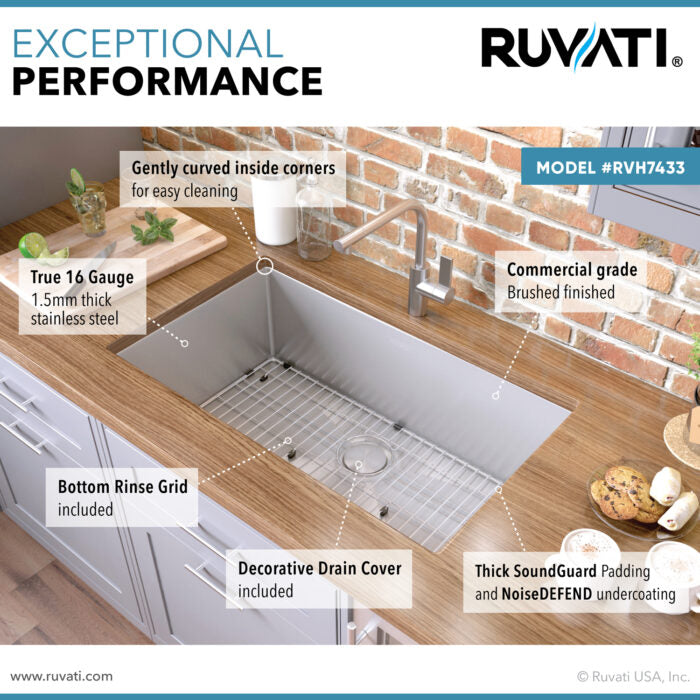 RUVATI RVH7433 33-inch Undermount 16 Gauge Tight Radius Kitchen Sink