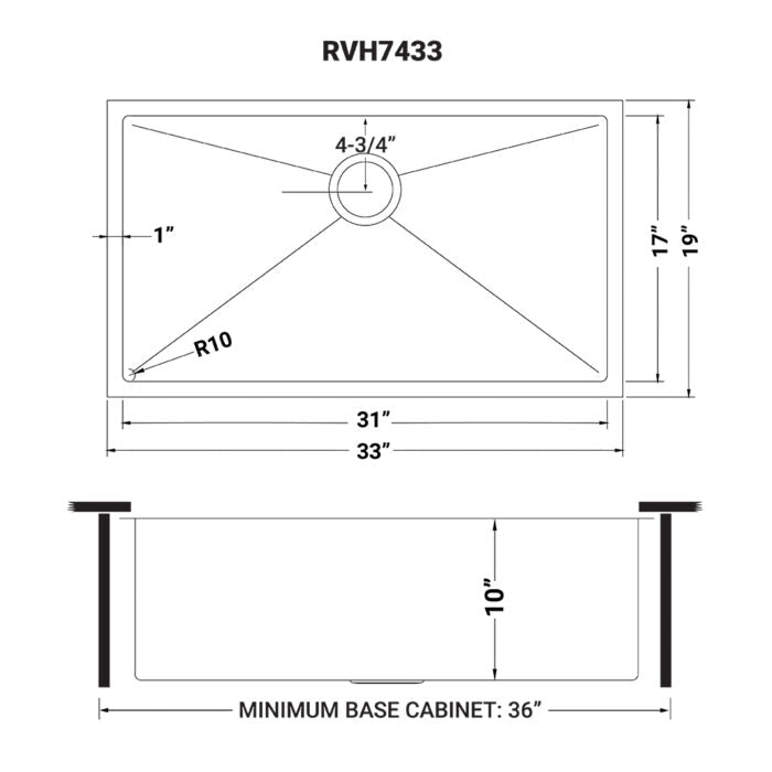 RUVATI RVH7433 33-inch Undermount 16 Gauge Tight Radius Kitchen Sink