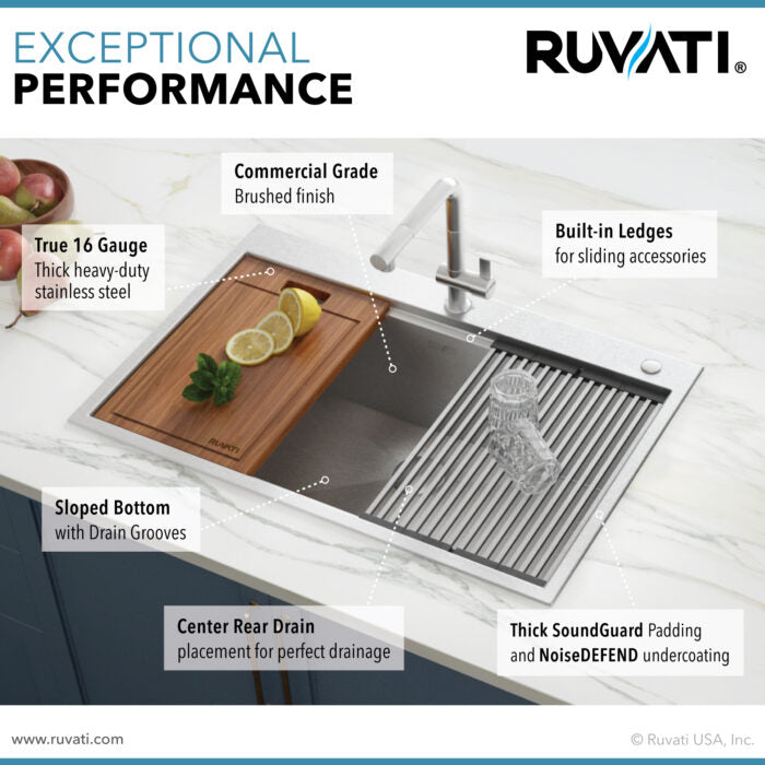 RUVATI RVH8003 Siena 33 x 22 inch Workstation Ledge Drop-in Tight Radius 16 Gauge Stainless Steel Kitchen Sink