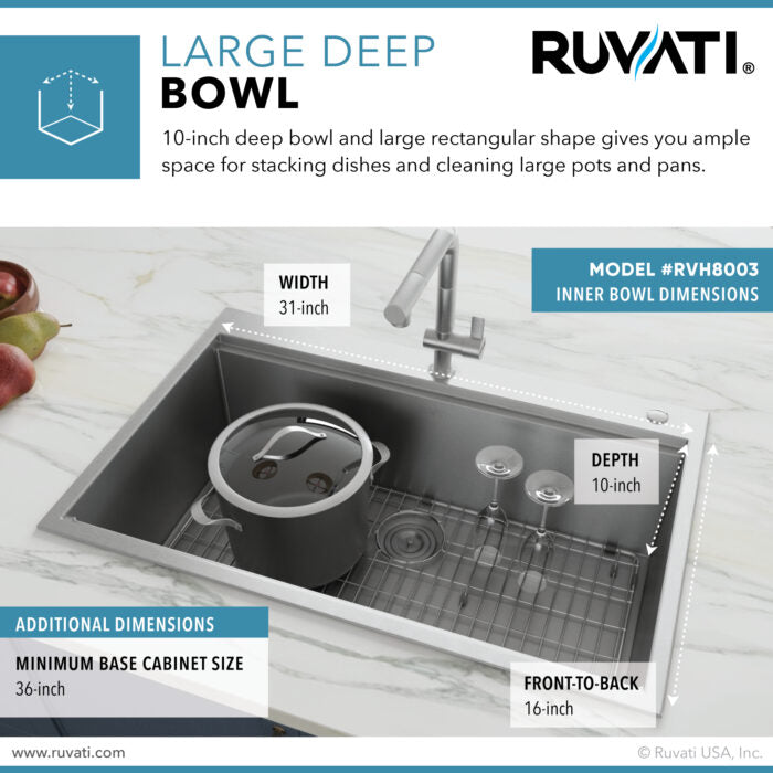 RUVATI RVH8003 Siena 33 x 22 inch Workstation Ledge Drop-in Tight Radius 16 Gauge Stainless Steel Kitchen Sink