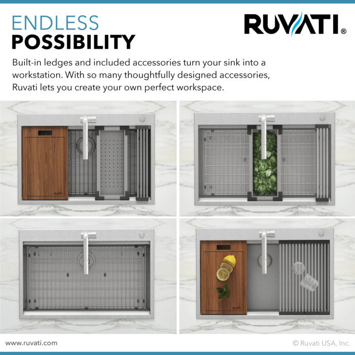 RUVATI RVH8003 Siena 33 x 22 inch Workstation Ledge Drop-in Tight Radius 16 Gauge Stainless Steel Kitchen Sink