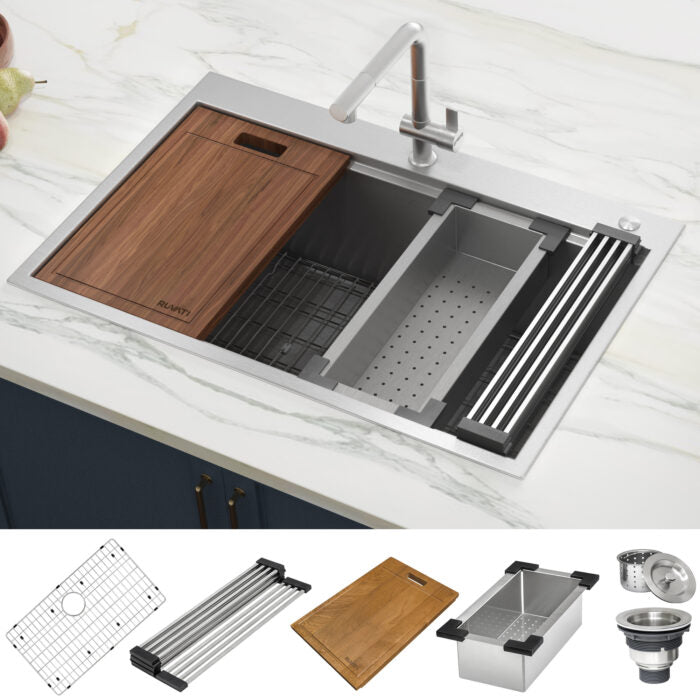 RUVATI RVH8003 Siena 33 x 22 inch Workstation Ledge Drop-in Tight Radius 16 Gauge Stainless Steel Kitchen Sink