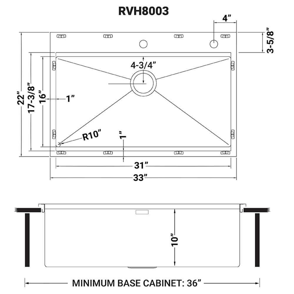 RUVATI RVH8003 Siena 33 x 22 inch Workstation Ledge Drop-in Tight Radius 16 Gauge Stainless Steel Kitchen Sink