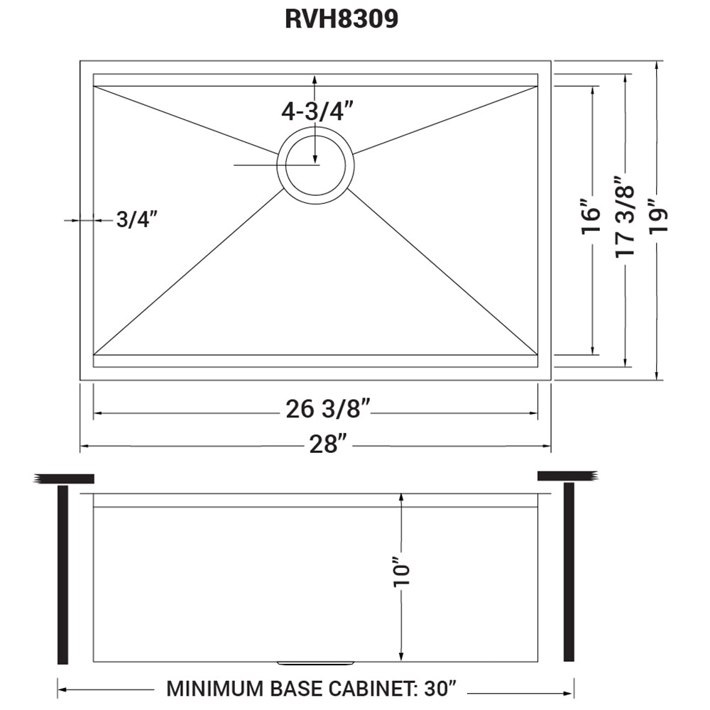 RUVATI RVH8309 28-inch Ledge Undermount Stainless Steel Kitchen Sink Single Bowl