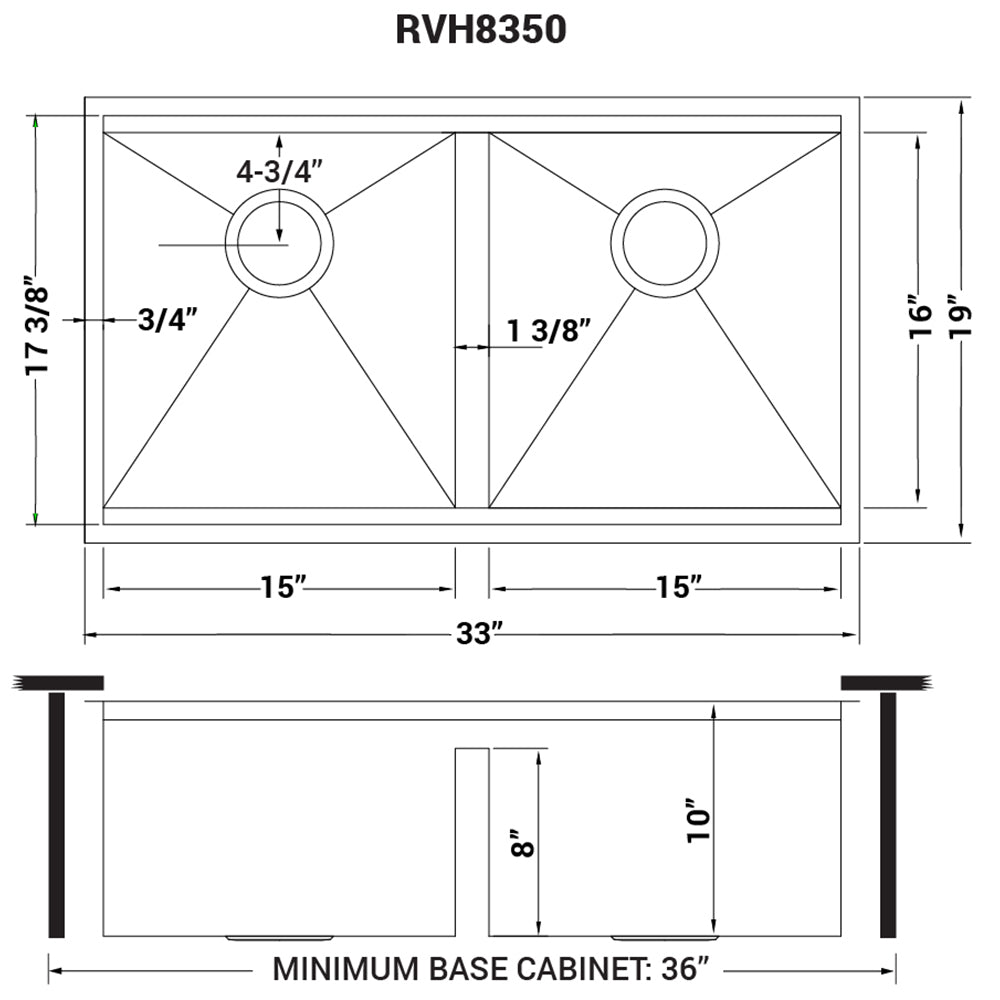 RUVATI RVH8350 Roma 33-inch Workstation Ledge 50/50 Double Bowl