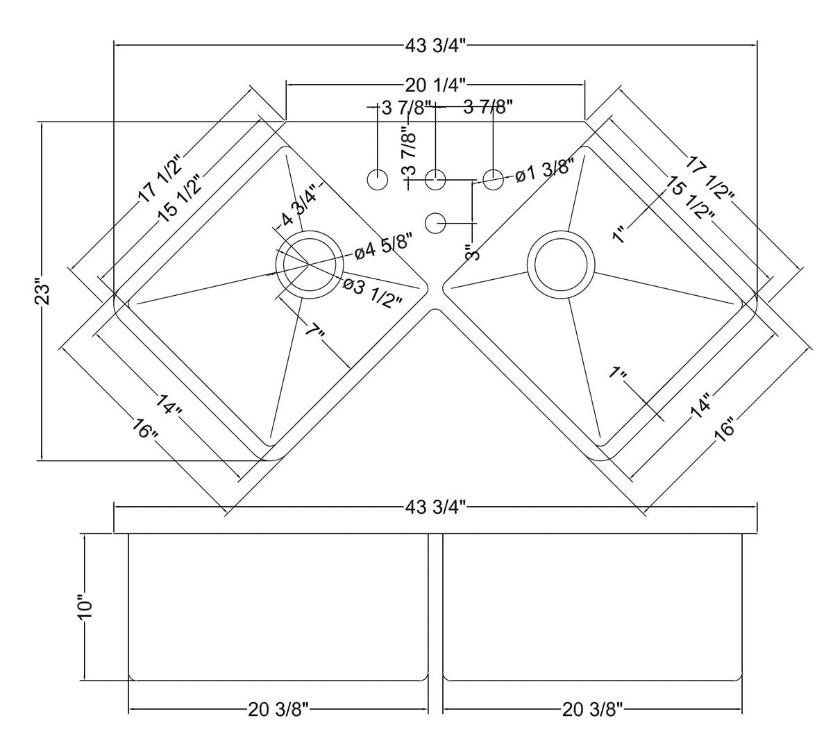 RUVATI RVH8400 Gravena Corner Butterfly Undermount Kitchen Sink