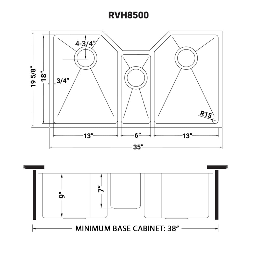 RUVATI RVH8500 35″ Triple Bowl Undermount 16 Gauge Stainless Steel Kitchen Sink