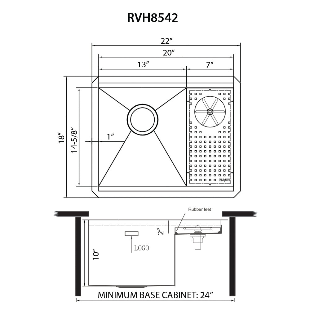 RUVATI RVH8542ST Glass Rinser and Sink Combo 22 inch Workstation