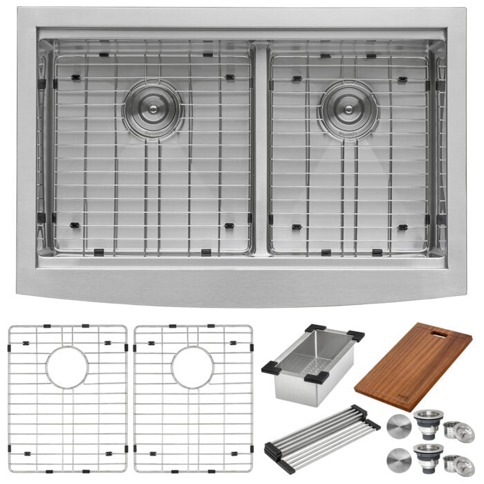 RUVATI RVH9201 33″ Apron-front Workstation Low-Divide Double Bowl 60/40 Farmhouse Kitchen Sink