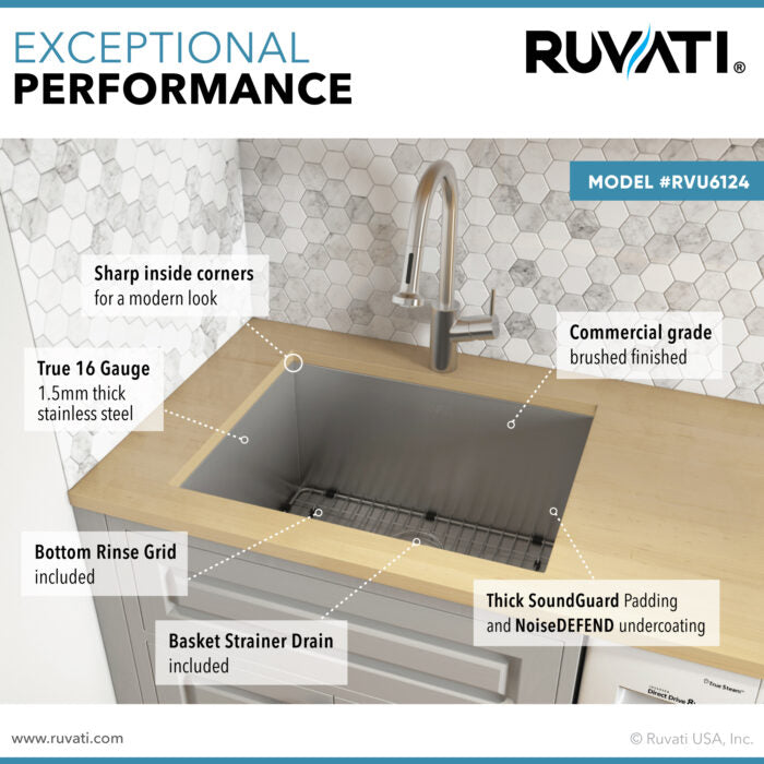 RUVATI RVU6124 24″ x 18″ x 13″ Deep Laundry Utility Sink Undermount 16 Gauge Stainless Steel