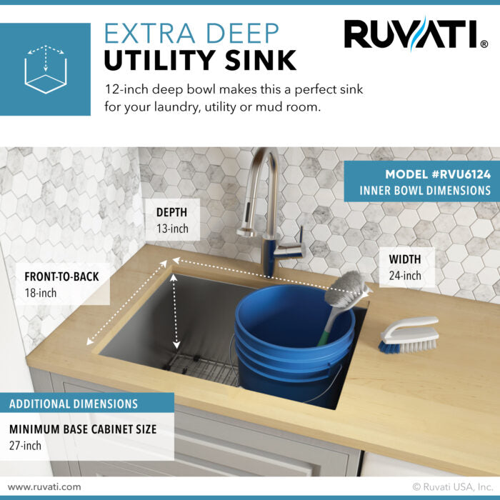 RUVATI RVU6124 24″ x 18″ x 13″ Deep Laundry Utility Sink Undermount 16 Gauge Stainless Steel