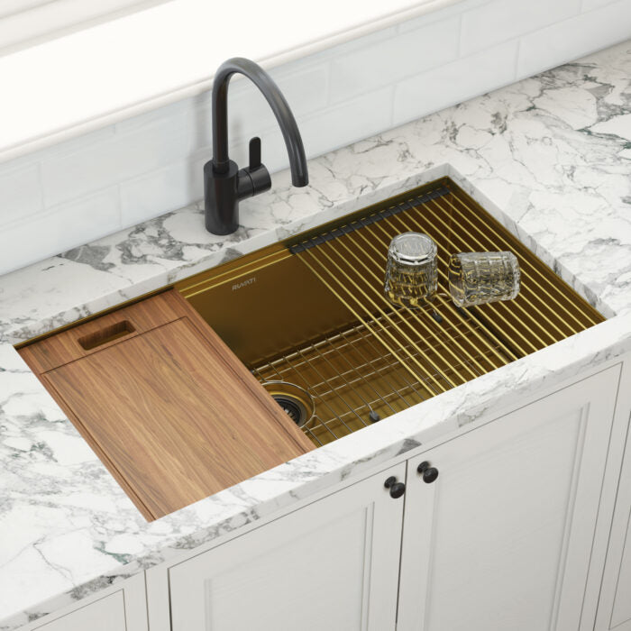 RUVATI RVH6533GG 33 inch Polished Brass Matte Gold Workstation Undermount Kitchen Sink