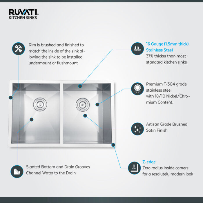 RUVATI RVH7350 Nesta 30-inch Undermount 50/50 Double Bowl